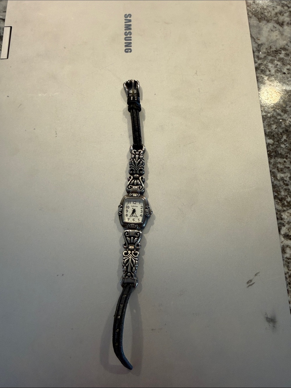 Women's Decorative Silver-Tone Watch with Black Leather Strap